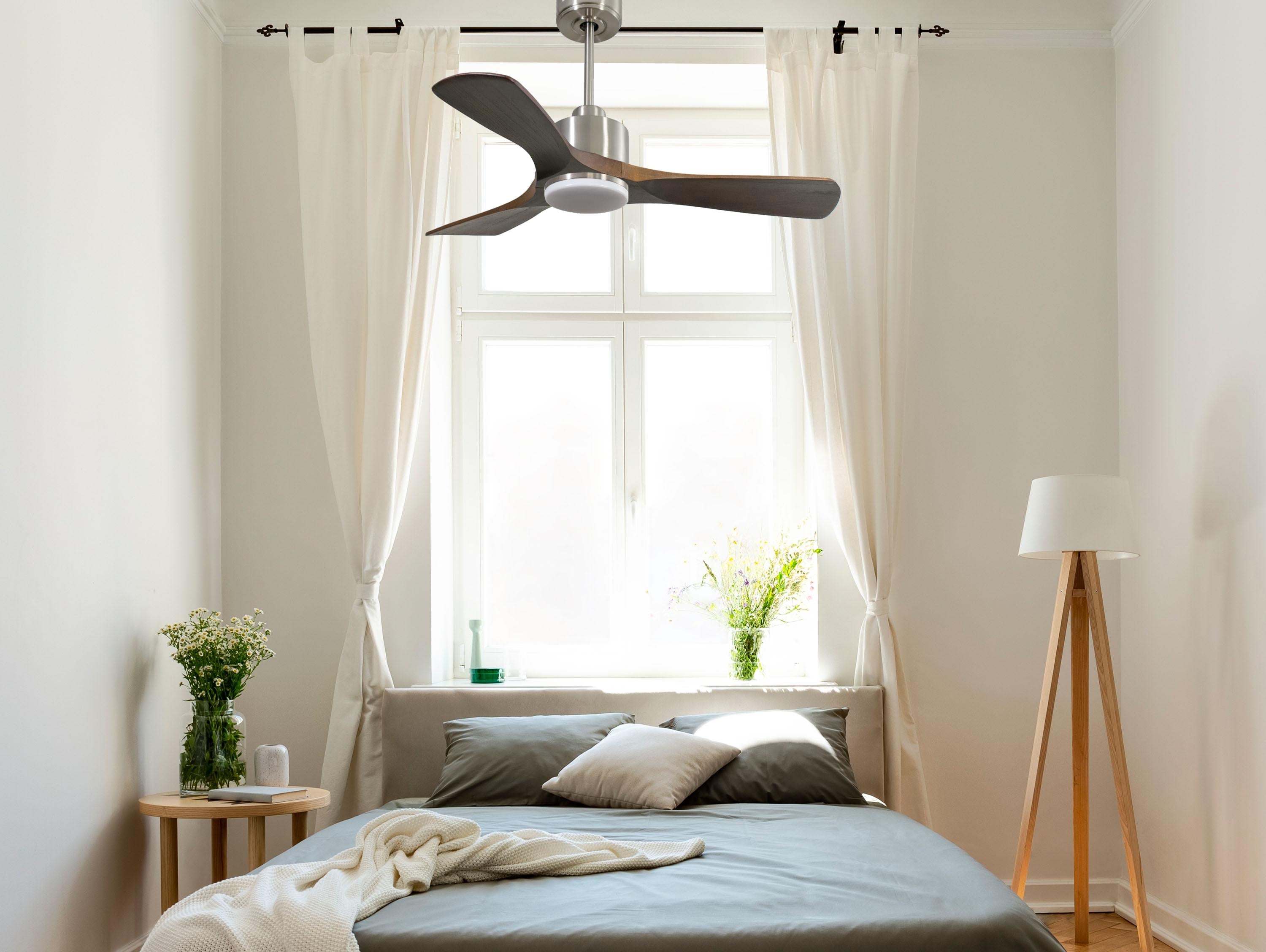 Ventilateur de plafond Réversible  Thermostat Dimmable Wifi Moteur à courant continu Toits en pente Télécommande Lumière à trois tons Hypersilence Mémoire