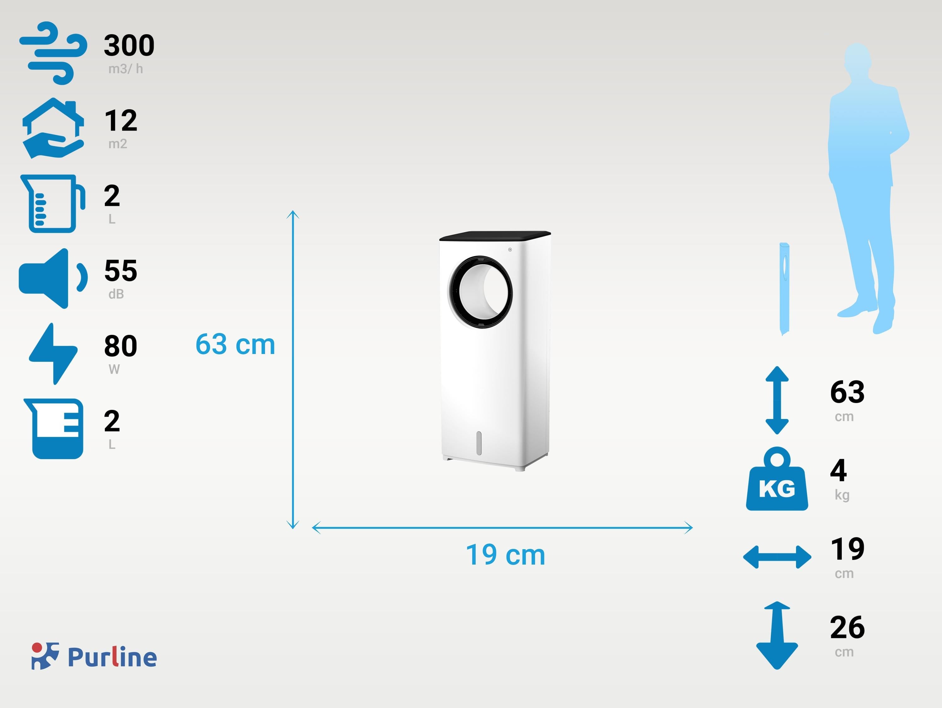 Rafraichisseur d'air par évaporation sans pales avec 3 vitesses et 4L