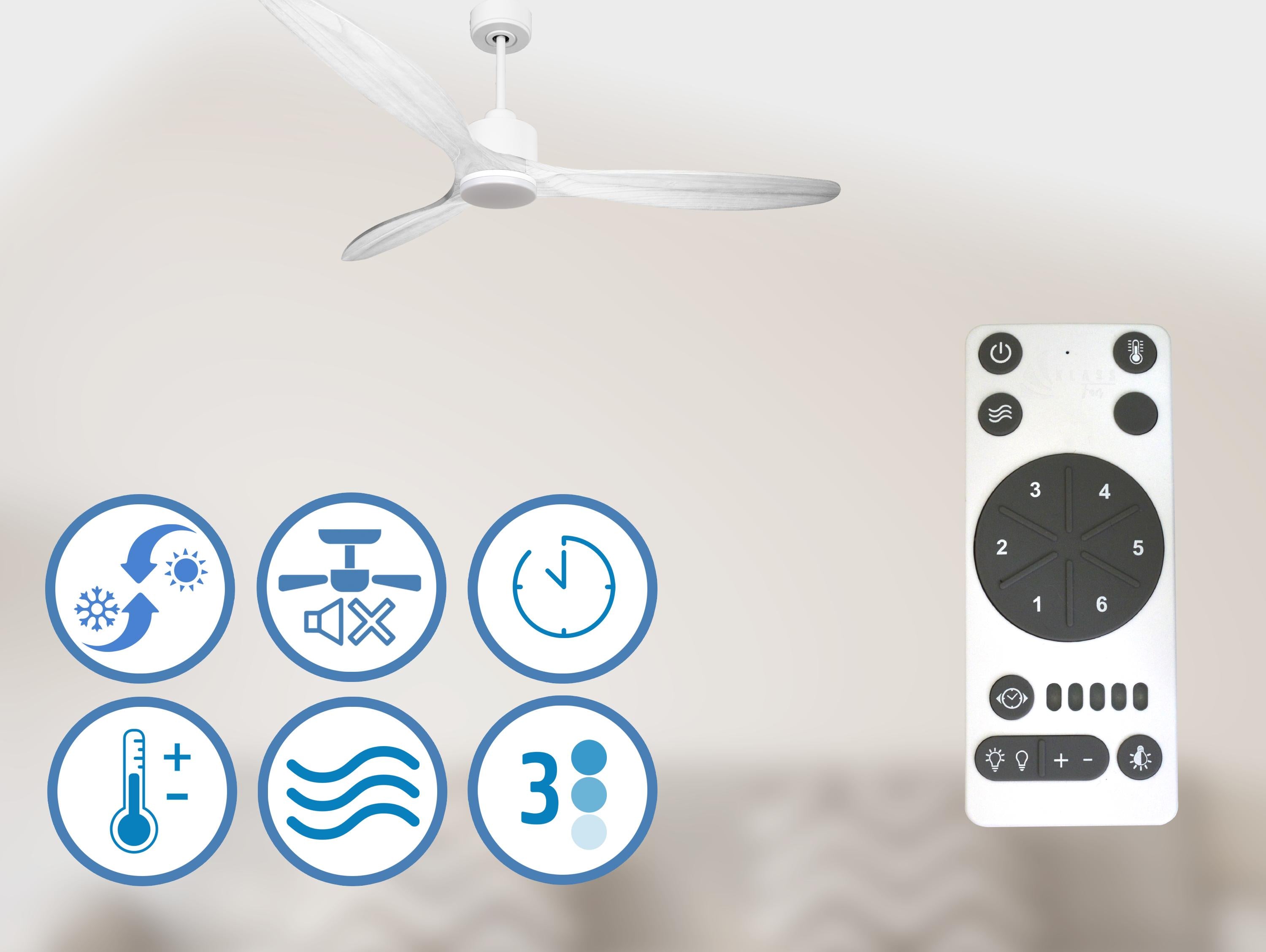Ventilateur de plafond Réversible  Thermostat Dimmable Wifi Moteur à courant continu Toits en pente Télécommande Lumière à trois tons Hypersilence Mémoire