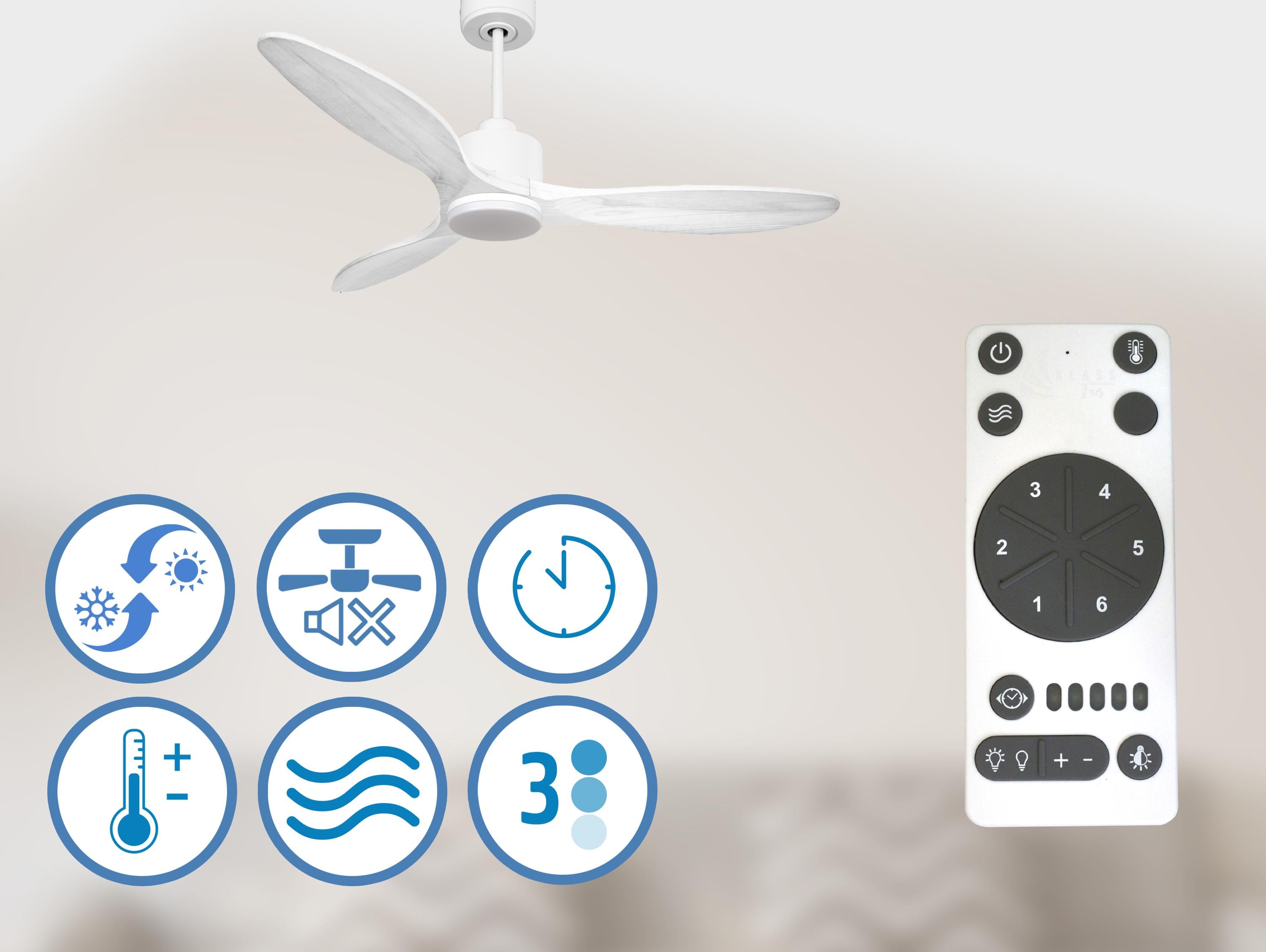 Ventilateur de plafond Réversible  Thermostat Dimmable Wifi Moteur à courant continu Toits en pente Télécommande Lumière à trois tons Hypersilence Mémoire