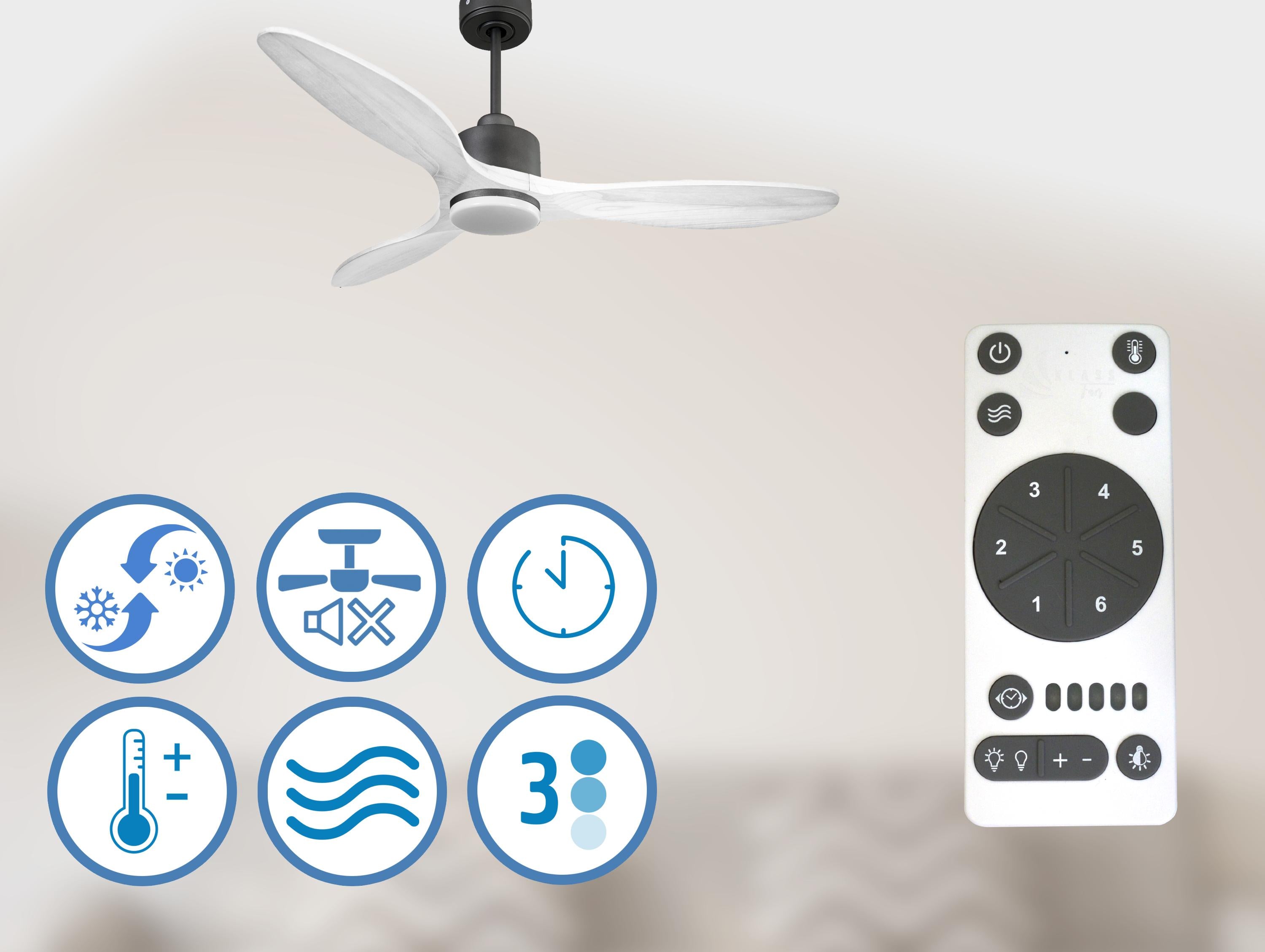 Ventilateur de plafond Réversible  Thermostat Dimmable Wifi Moteur à courant continu Toits en pente Télécommande Lumière à trois tons Hypersilence Mémoire