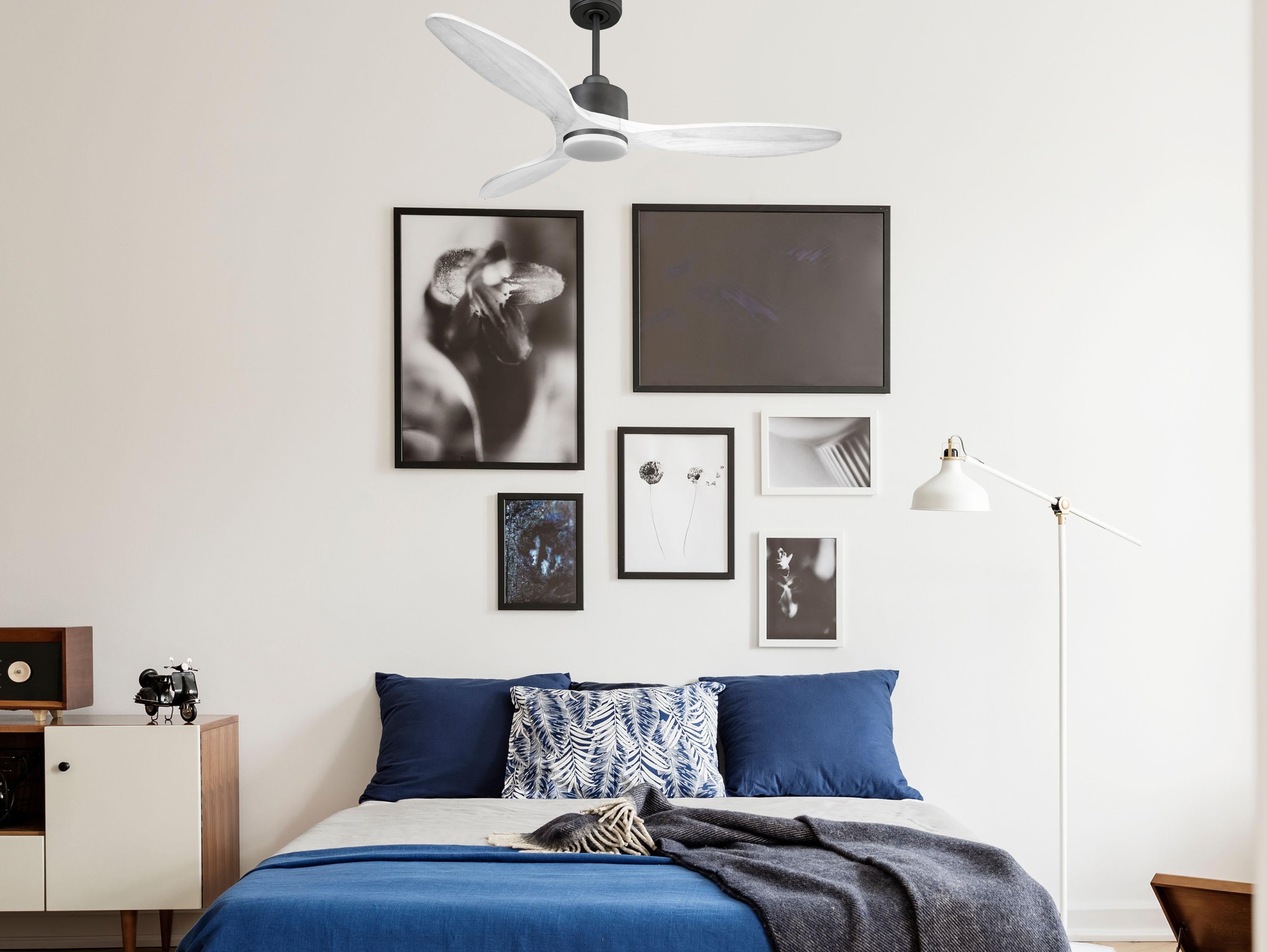 SantoriniD132C03LED65262: Ventilateur de plafond Réversible  Thermostat Dimmable Wifi Moteur à courant continu Toits en pente Télécommande Lumière à trois tons Hypersilence Mémoire