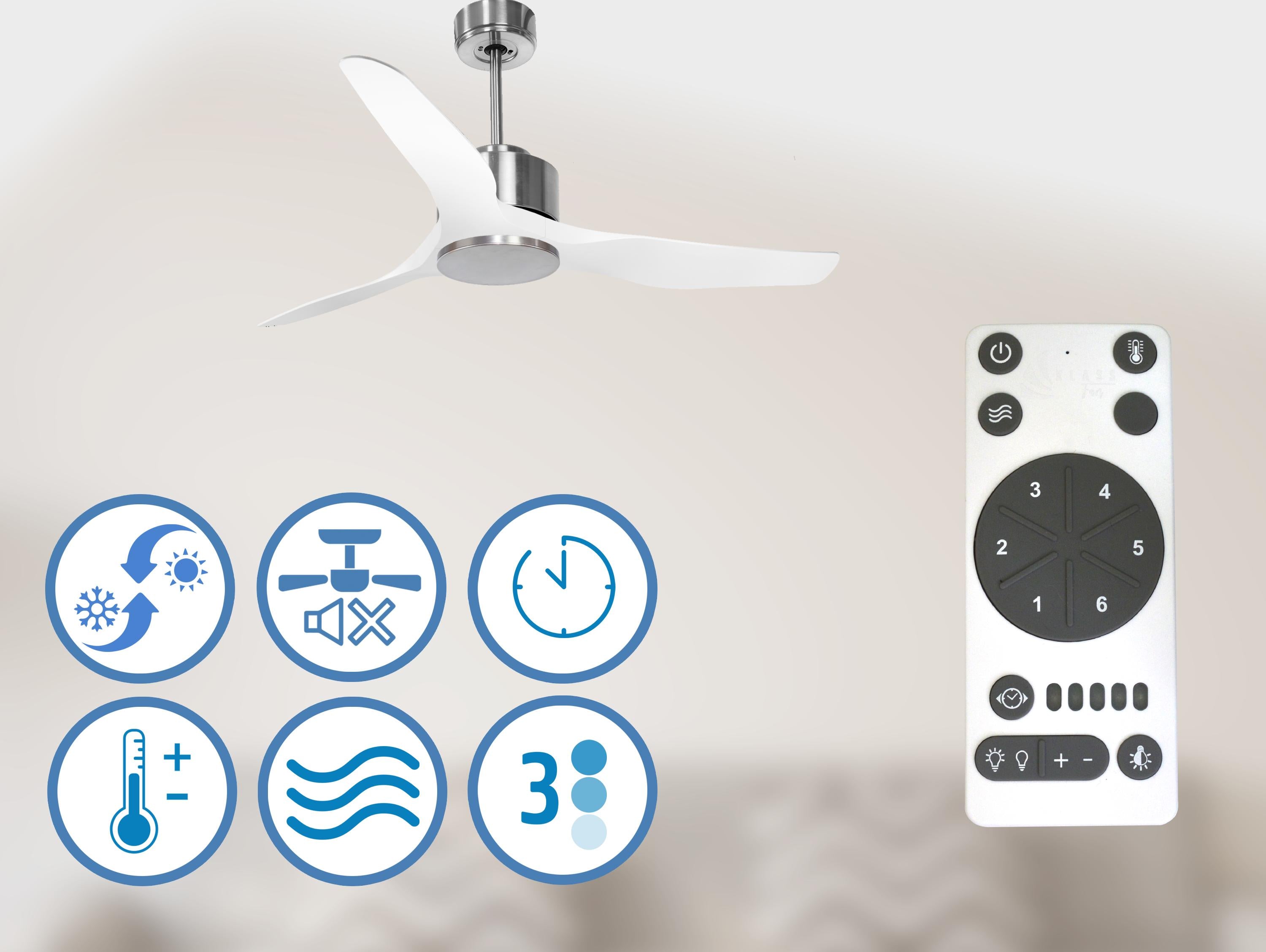 Ventilateur de plafond Réversible  Thermostat Wifi Moteur à courant continu Toits en pente Télécommande Adaptateur 2/3 Lames Hypersilence Mémoire