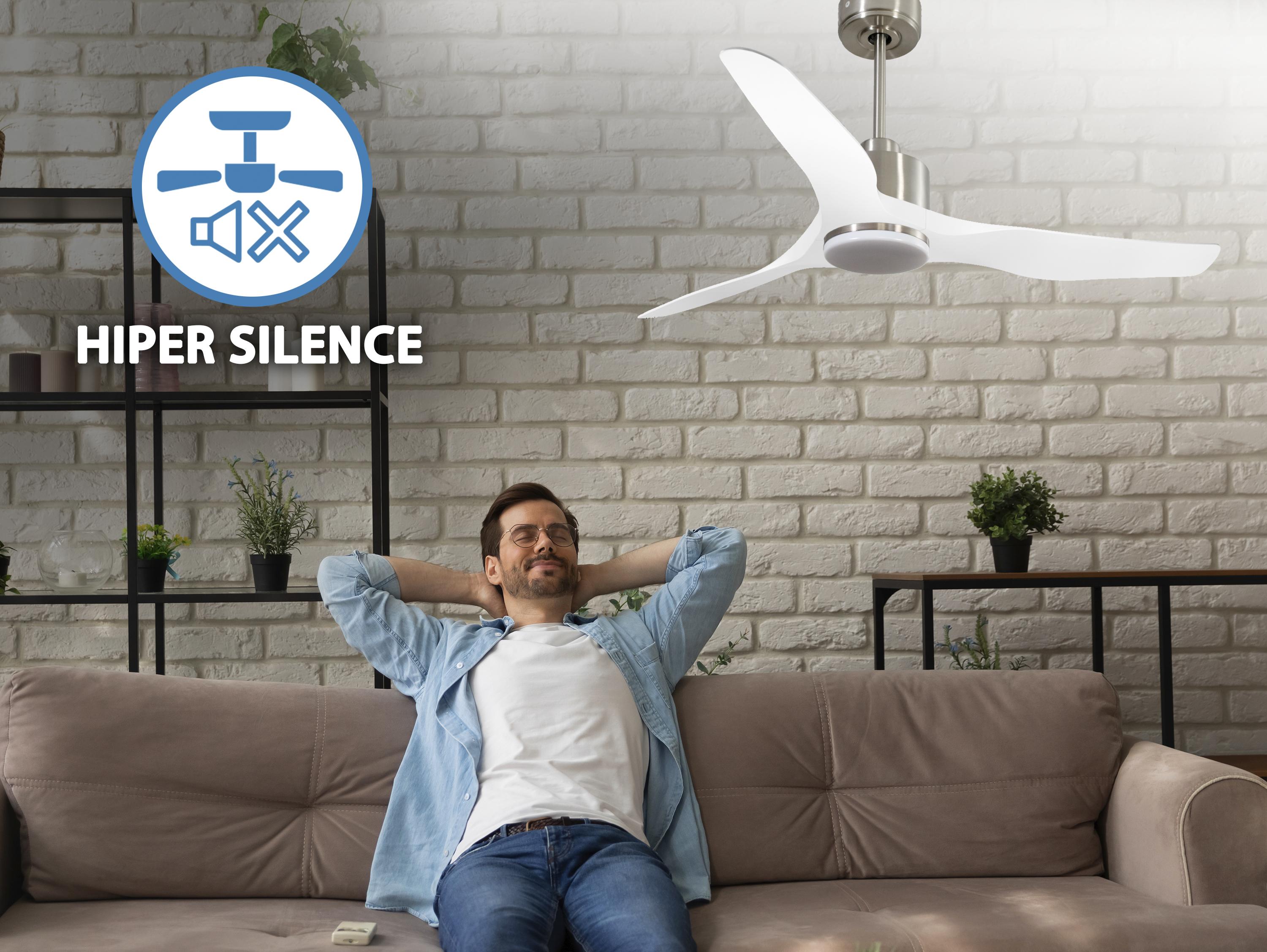 ThassosD127C03LED65043: Ventilateur de plafond Réversible  Thermostat Dimmable Wifi Moteur à courant continu Toits en pente Télécommande Lumière à trois tons Adaptateur 2/3 Lames