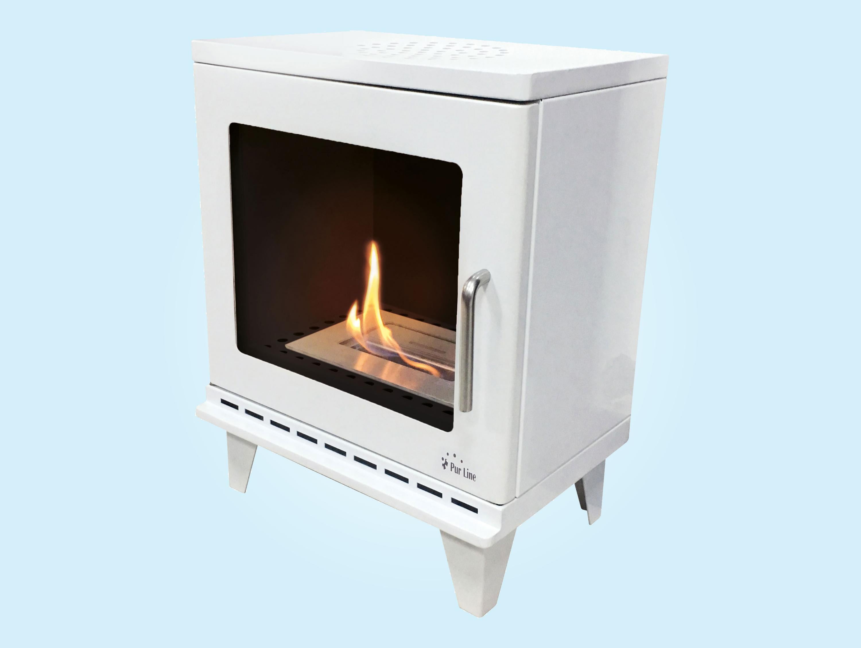 Poêle à éthanol 1,5kW design carré en acier blanc avec pieds