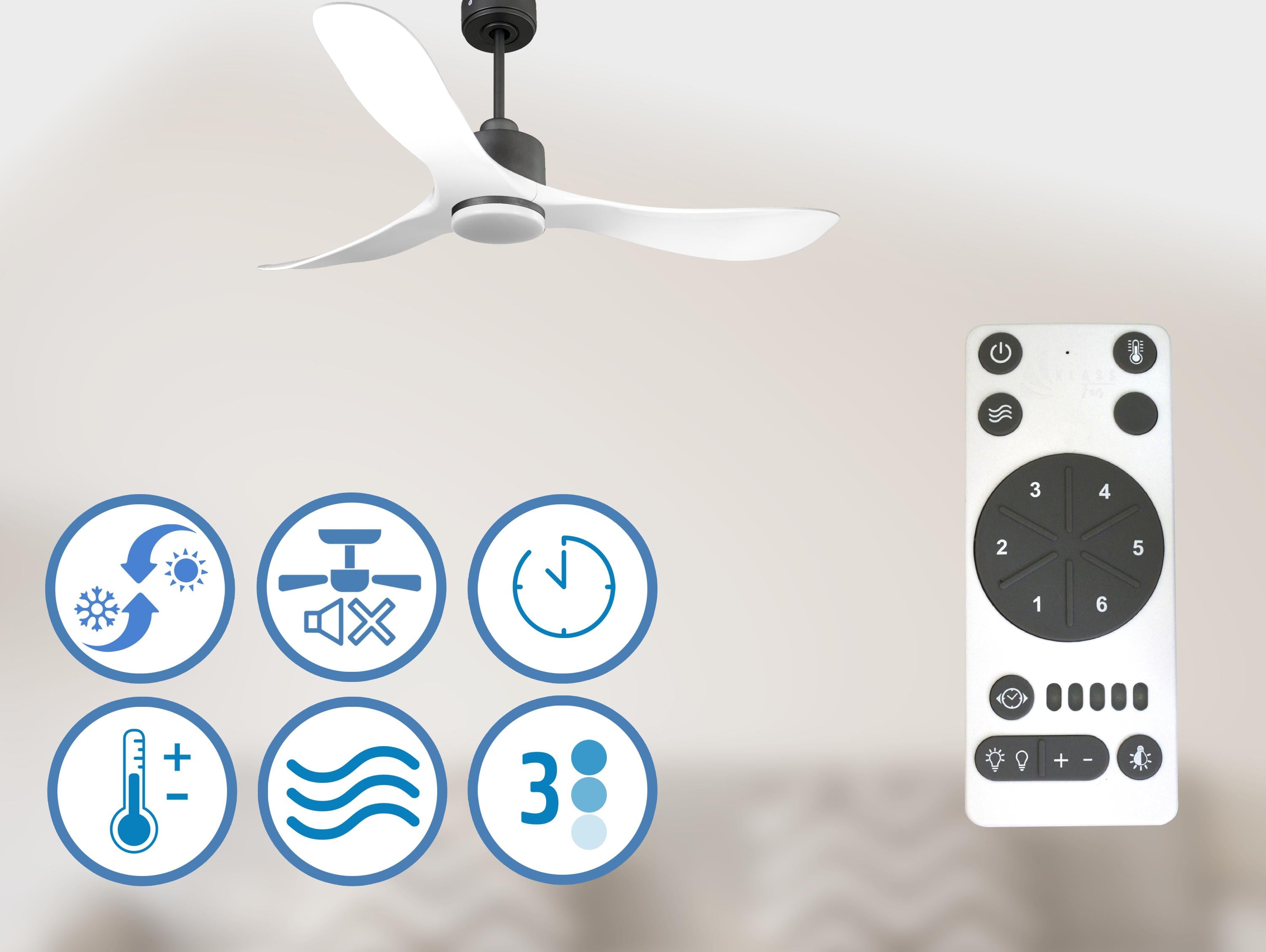   Ventilateur de plafond Réversible  Thermostat Dimmable Wifi Moteur à courant continu Toits en pente Télécommande Lumière à trois tons Hypersilence Mémoire
