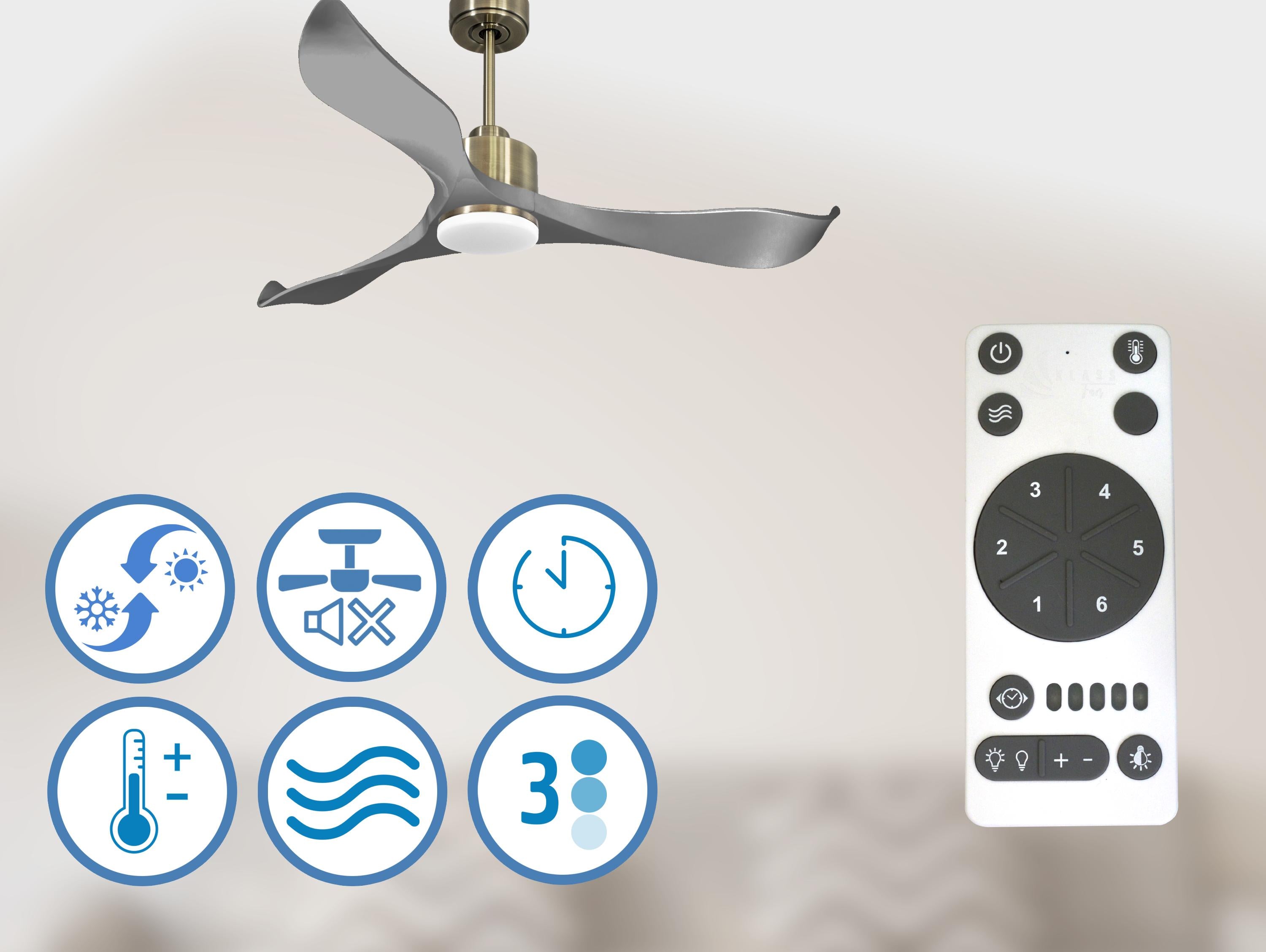 TrawanganD132C03LED64829: Ventilateur de plafond Réversible  Thermostat Dimmable Wifi Moteur à courant continu Toits en pente Télécommande Lumière à trois tons Mémoire