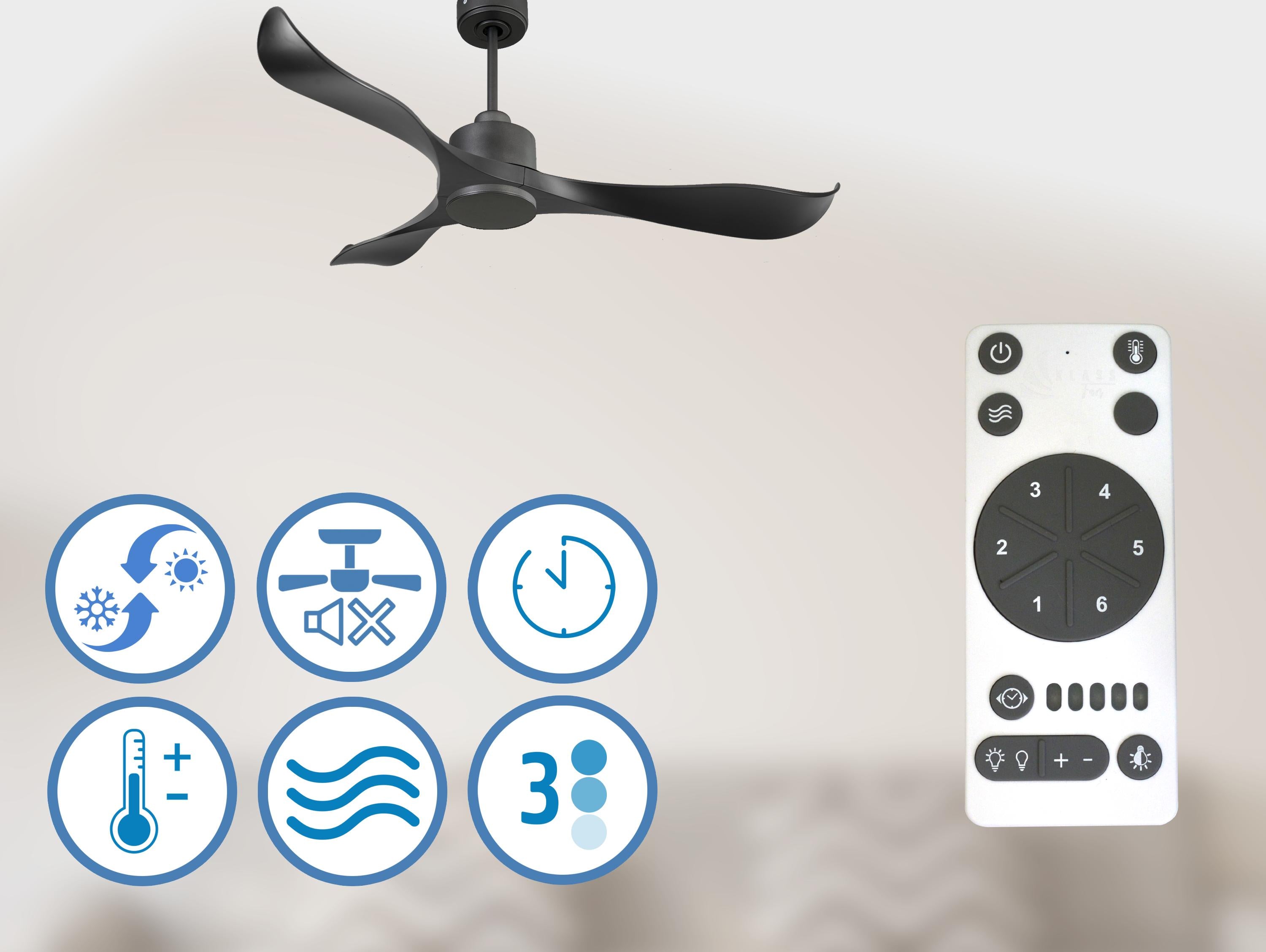   Ventilateur de plafond Réversible  Thermostat Wifi Moteur à courant continu Toits en pente Télécommande Adaptateur 2/3 Lames Hypersilence Mémoire