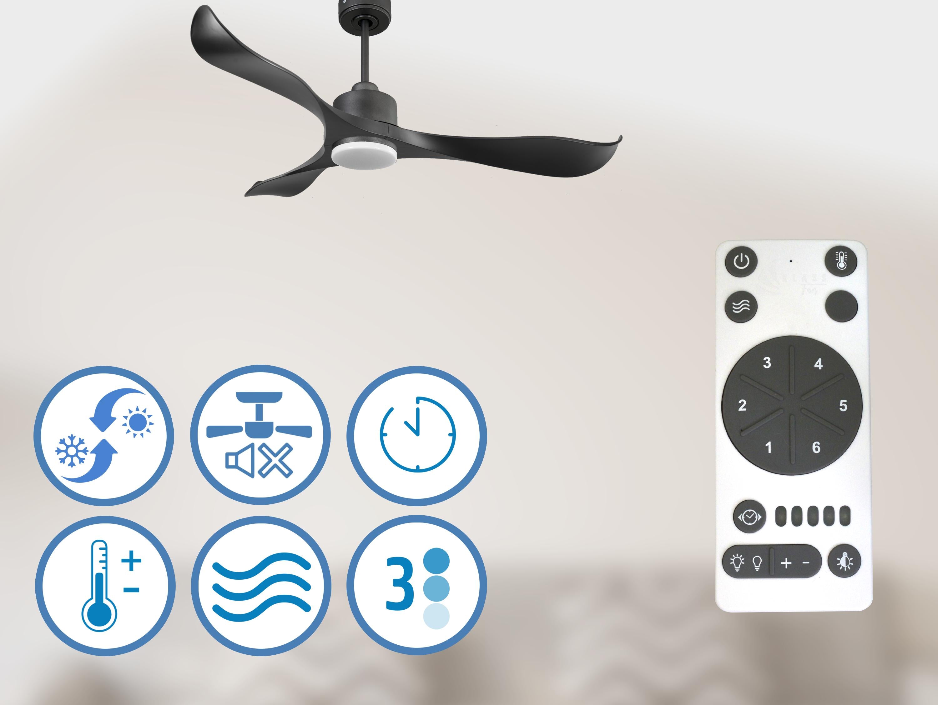   Ventilateur de plafond Réversible  Thermostat Dimmable Wifi Moteur à courant continu Toits en pente Télécommande Lumière à trois tons Adaptateur 2/3 Lames