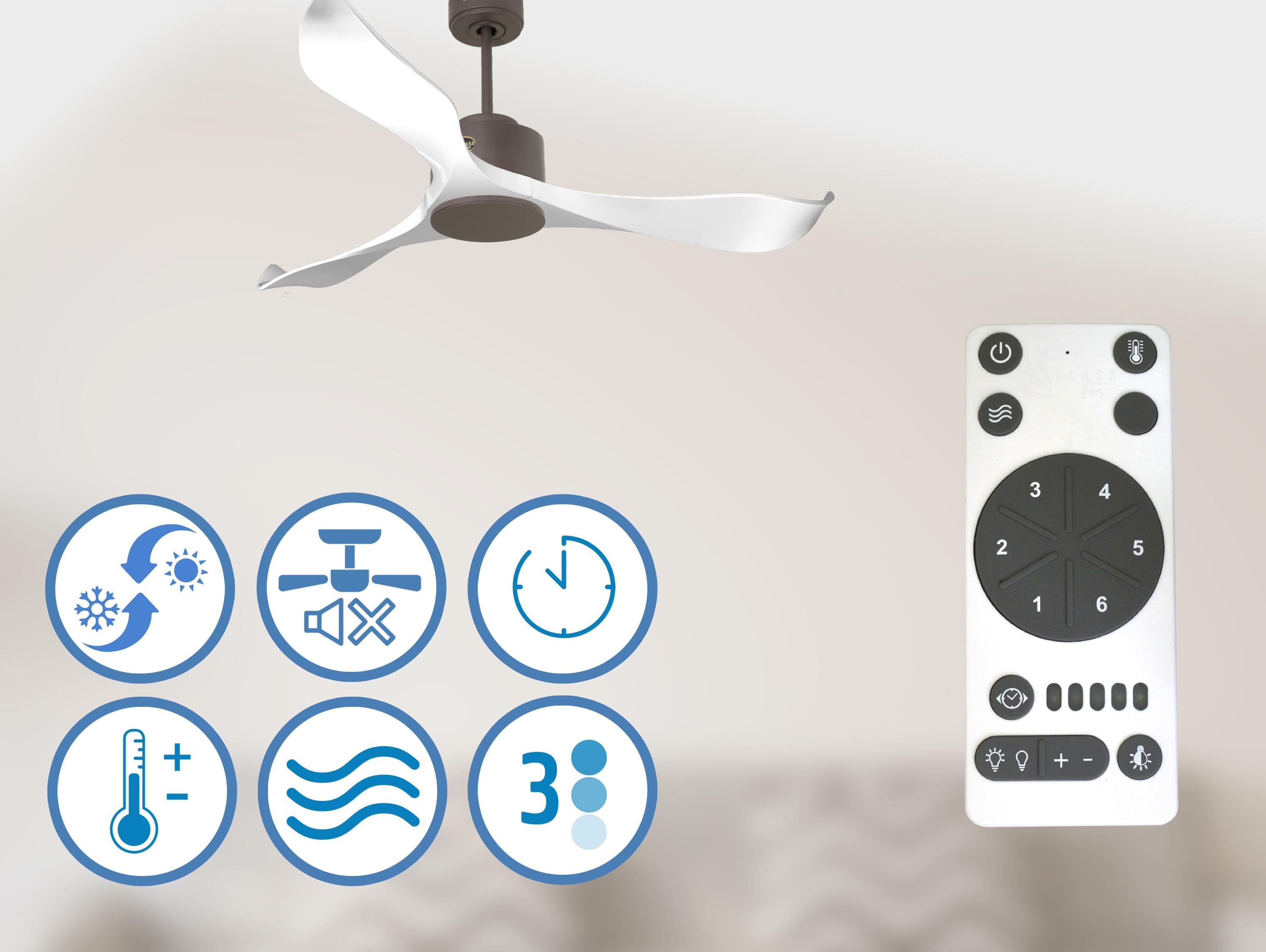   Ventilateur de plafond Réversible  Thermostat Wifi Moteur à courant continu Toits en pente Télécommande Adaptateur 2/3 Lames Hypersilence Mémoire Shopify Vendible (AUTOMATIQUE)