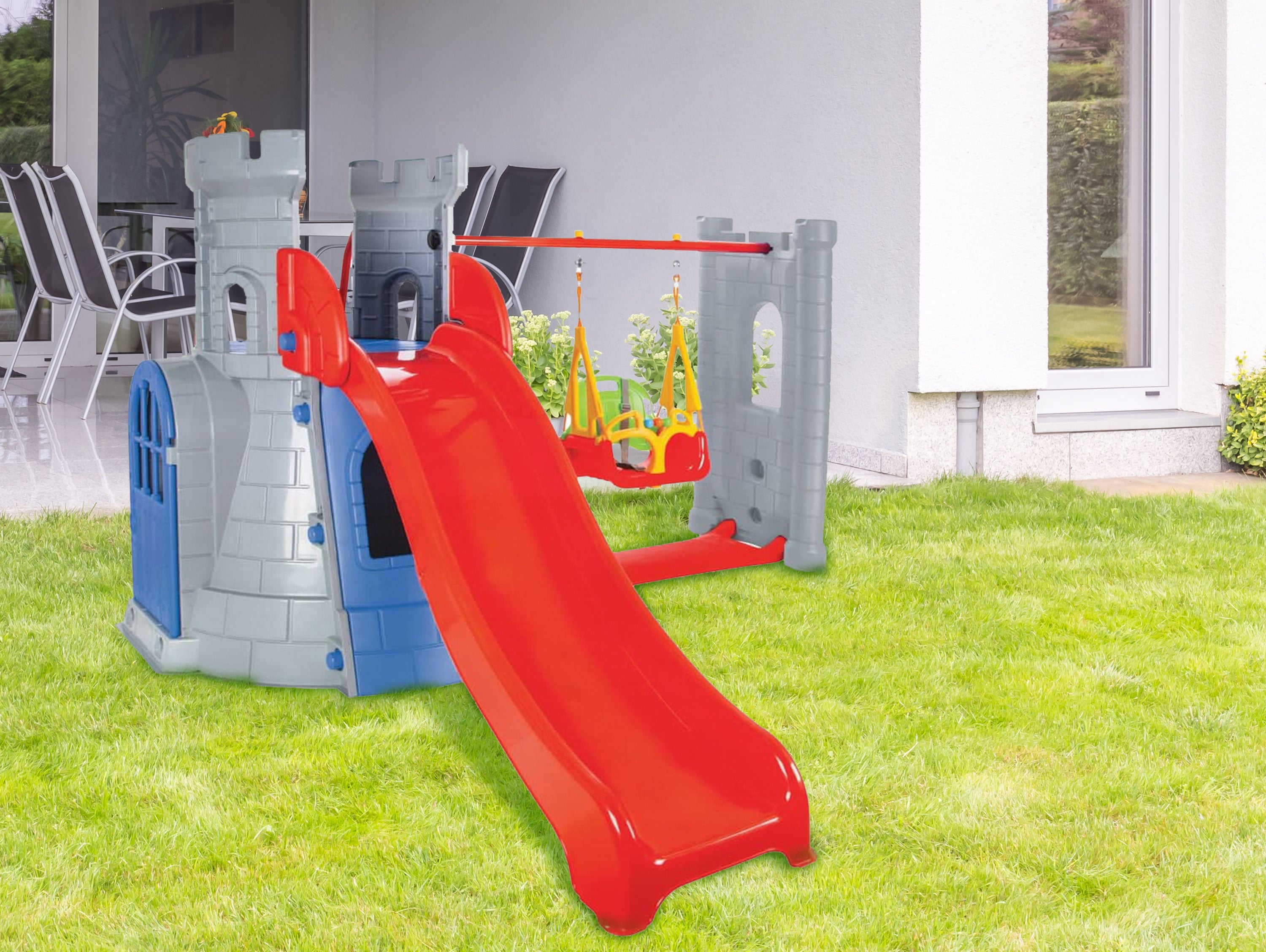 Château pour enfants en plastique avec toboggan et balançoire ENSEMBLE CASTLE SLIDE ET BALANÇOIRE