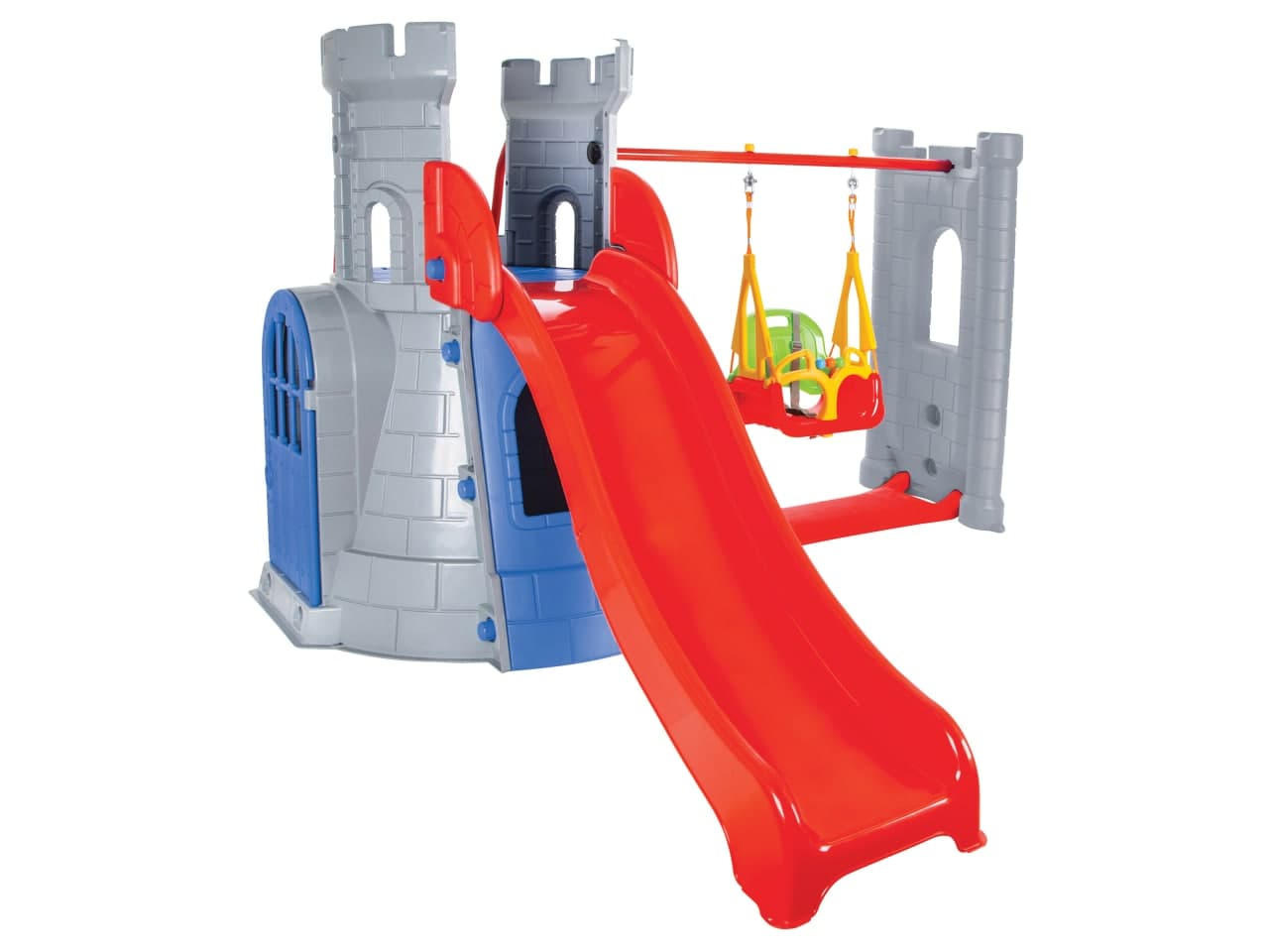 Château pour enfants en plastique avec toboggan et balançoire ENSEMBLE CASTLE SLIDE ET BALANÇOIRE