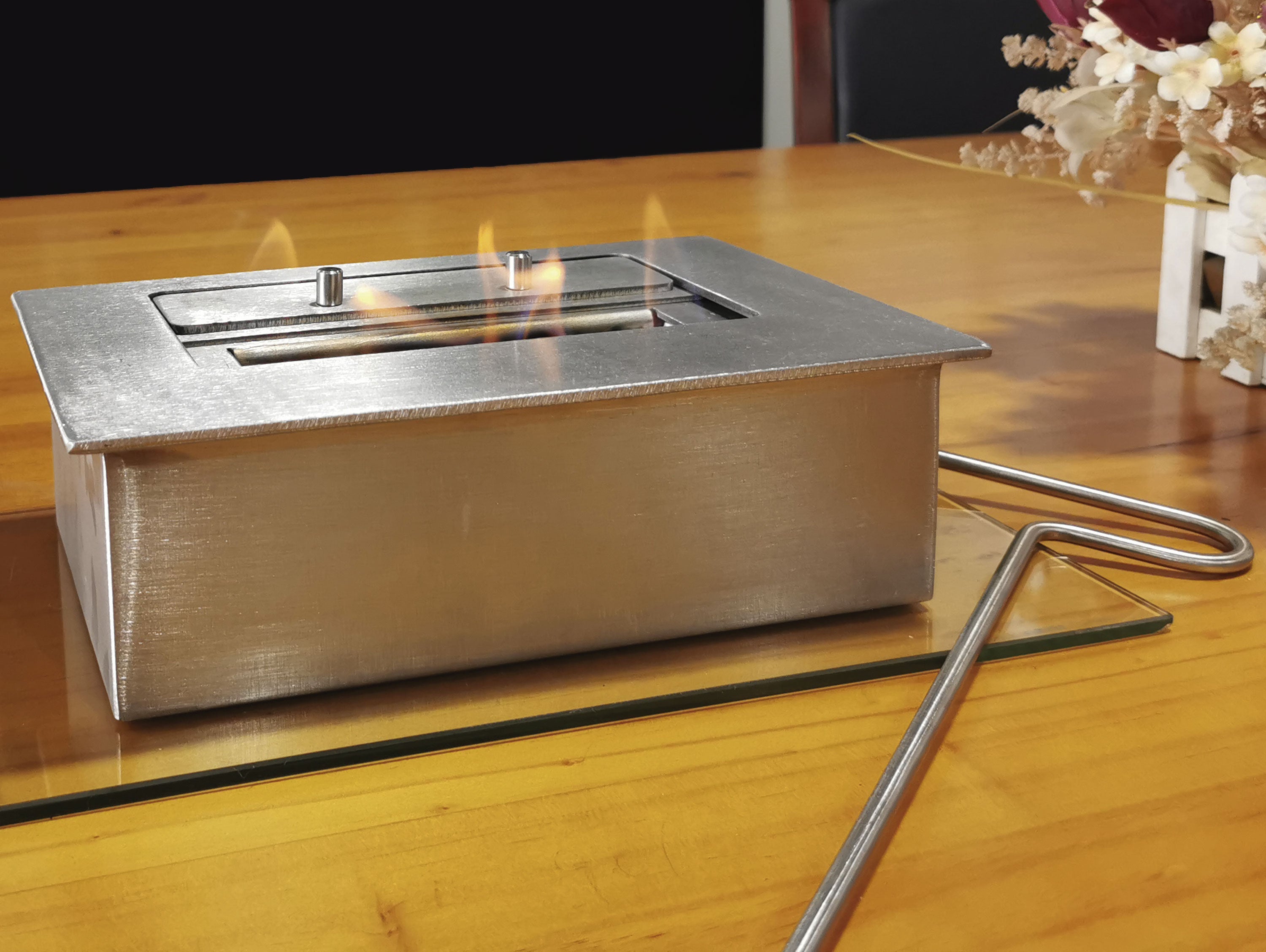 Brûleur en acier pour cheminée à éthanol avec fibre céramique et couvercle  pour réguler la flamme 1L